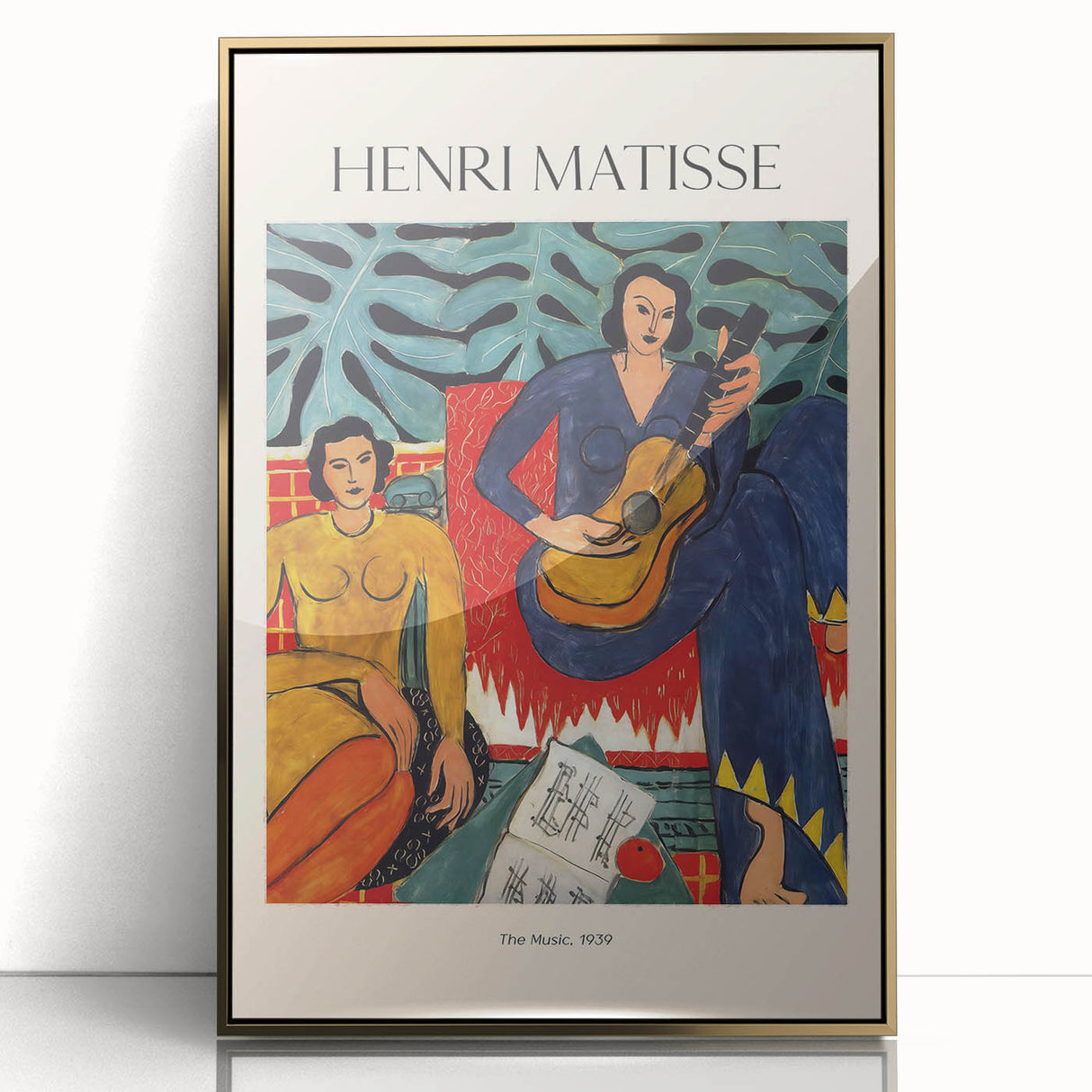 Mid-century modernist art by Henri Matisse, featuring abstract shapes in bold colors, framed in acrylic with a gold finish.