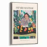 Vintage poster art of Henri Matisse design in colorful palette on extra large framed canvas, suitable for living room.