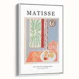 Framed canvas featuring a black and white vintage poster of a Henri Matisse landscape, ideal for bedroom wall art.