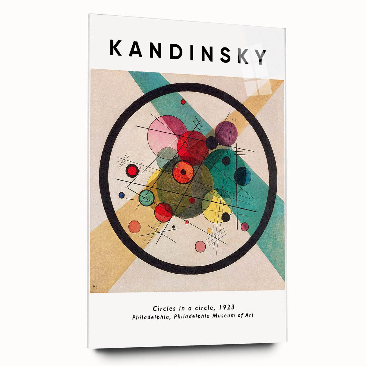 Large abstract wall art by Kandinsky in vibrant colors on acrylic glass, ideal for modern bedroom or dining room decor.