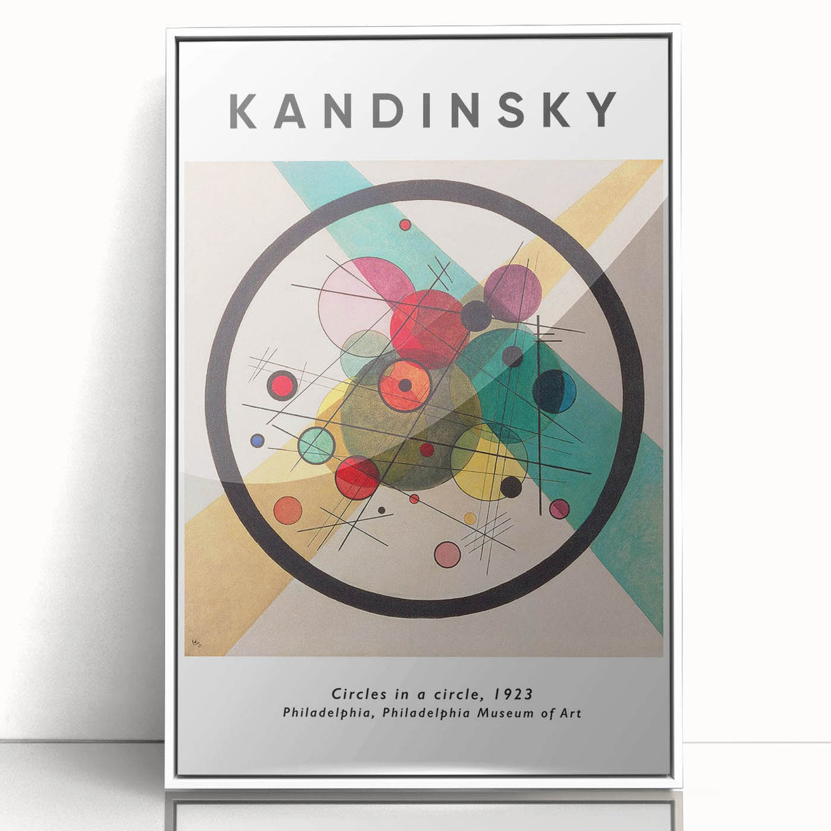 Acrylic print of a Kandinsky-inspired abstract design in vibrant colors, framed in white, suitable for modern art wall decor.