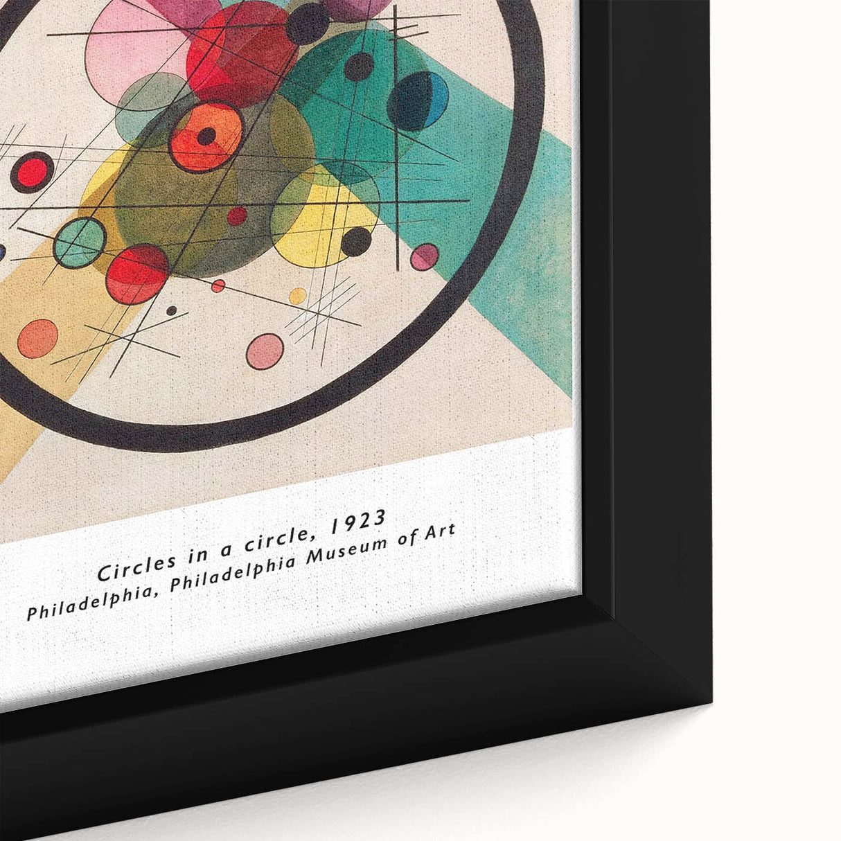 Extra large framed canvas of abstract Kandinsky-inspired design with textured black background and colorful geometric shapes.
