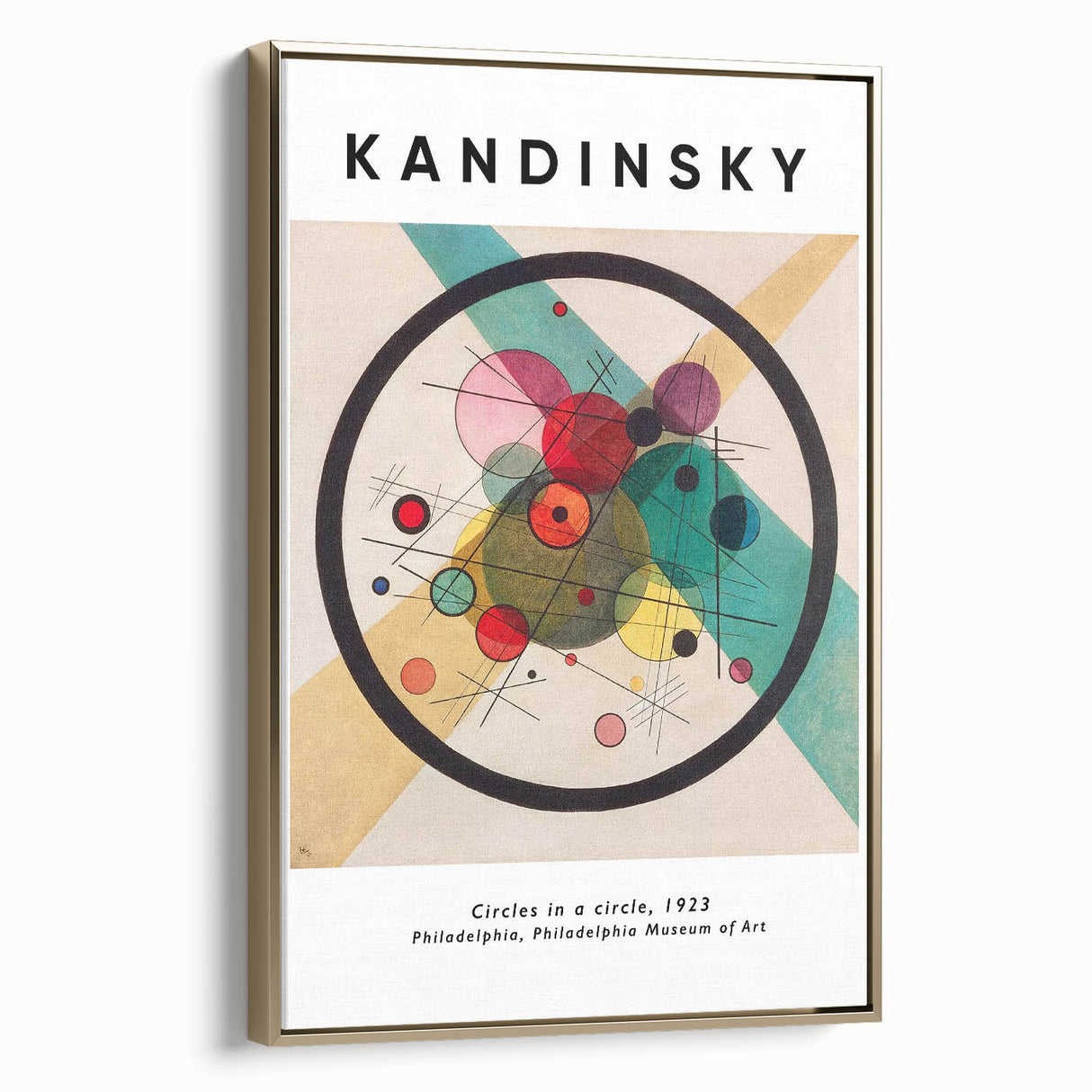 Framed canvas featuring a Kandinsky-inspired abstract landscape in black and gold tones, ideal for bedroom wall art.