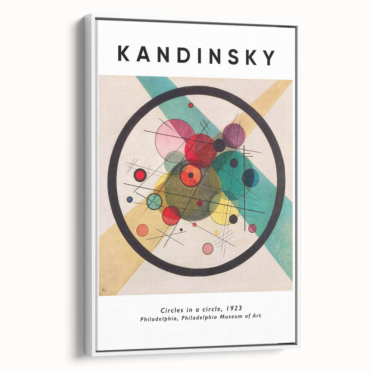 Framed canvas of vintage poster art featuring abstract Kandinsky design in vibrant colors, ideal for living room decor.