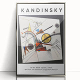 Mid-century modernist art featuring abstract geometric shapes in vibrant colors on a silver-framed acrylic print.