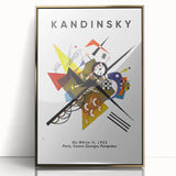 Mid-century modernist art depicting abstract shapes in vibrant colors on a gold-framed acrylic print.