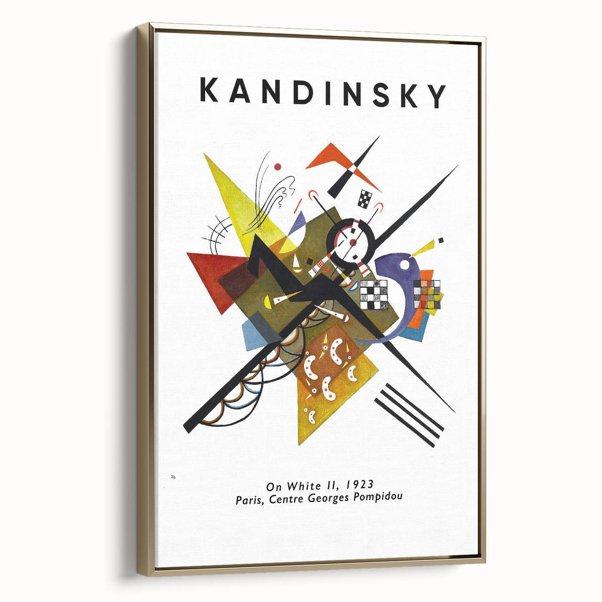 Framed canvas featuring an abstract Kandinsky-inspired landscape in black and gold tones, ideal for bedroom wall art.