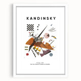Abstract art print featuring swirling shapes in bold primary colors on a white framed canvas.