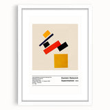 Abstract art print featuring geometric shapes in black and white, framed in white, suitable for dining room or bedroom decor.