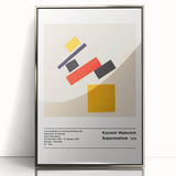 Mid-century modernist art featuring geometric shapes in black and white on a silver-framed acrylic print.