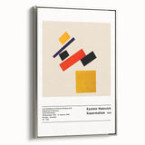 Framed canvas of a Malevich-inspired landscape with bold black elements and colorful geometric shapes.