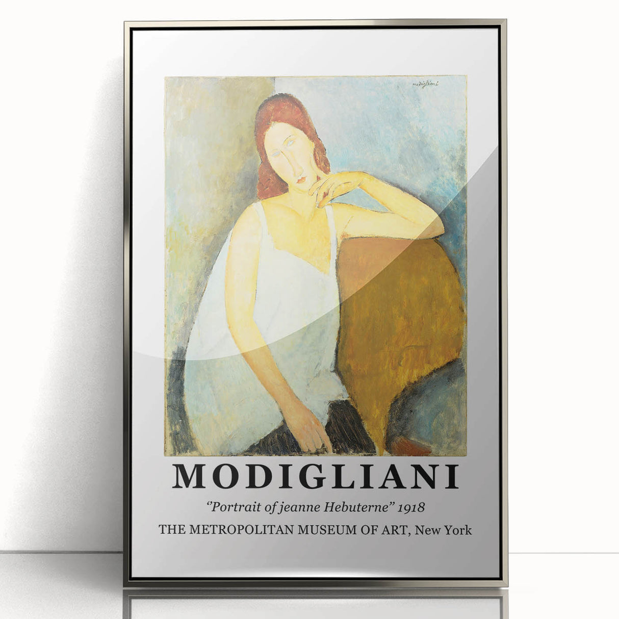 Mid-century modernist art depicting abstract human forms in soft earth tones on a silver-framed acrylic.