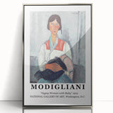 Mid-century modernist art featuring abstract figures in muted earth tones on a silver-framed acrylic print.