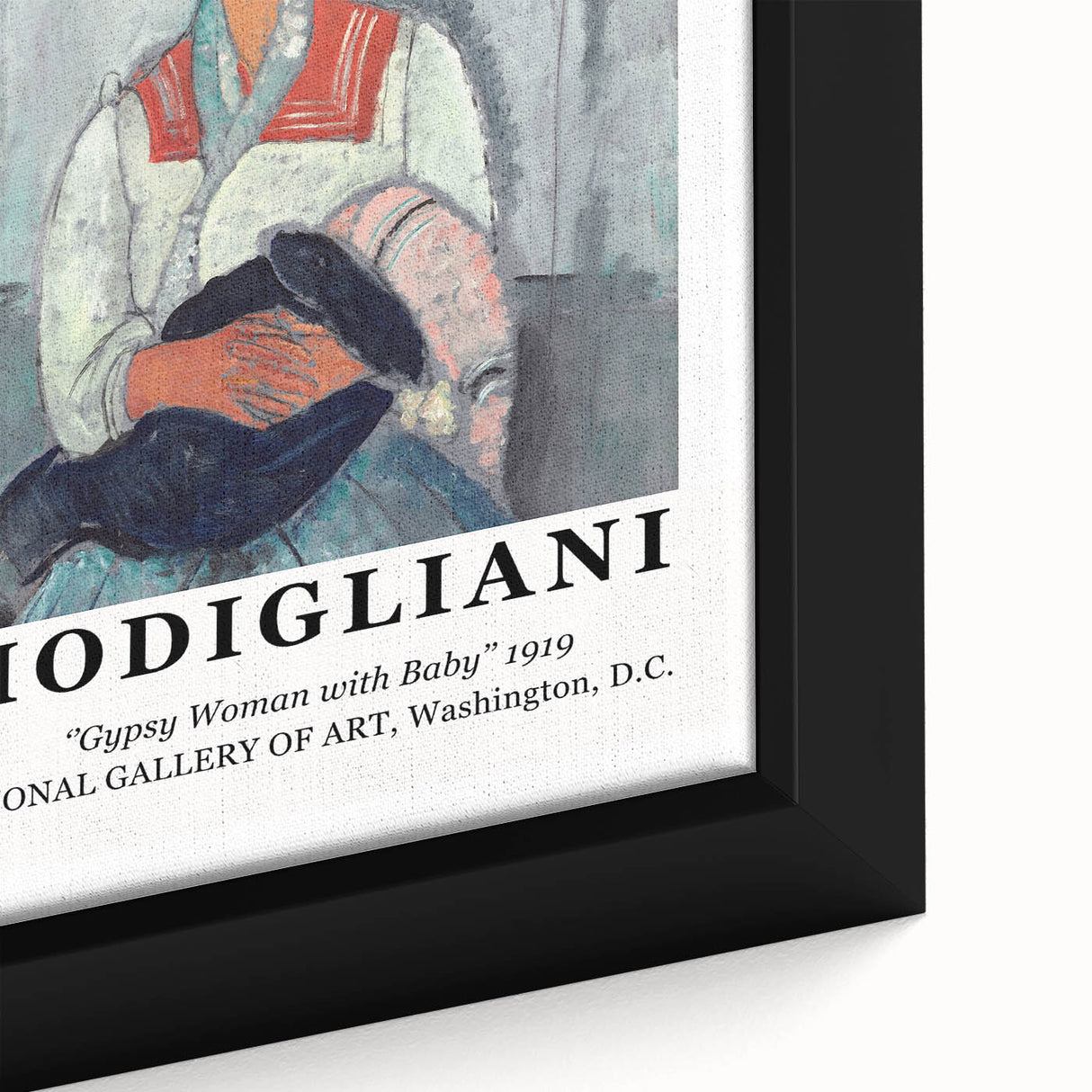 Extra large framed canvas featuring a close-up of a Modigliani-inspired face in black with colorful, textured accents.