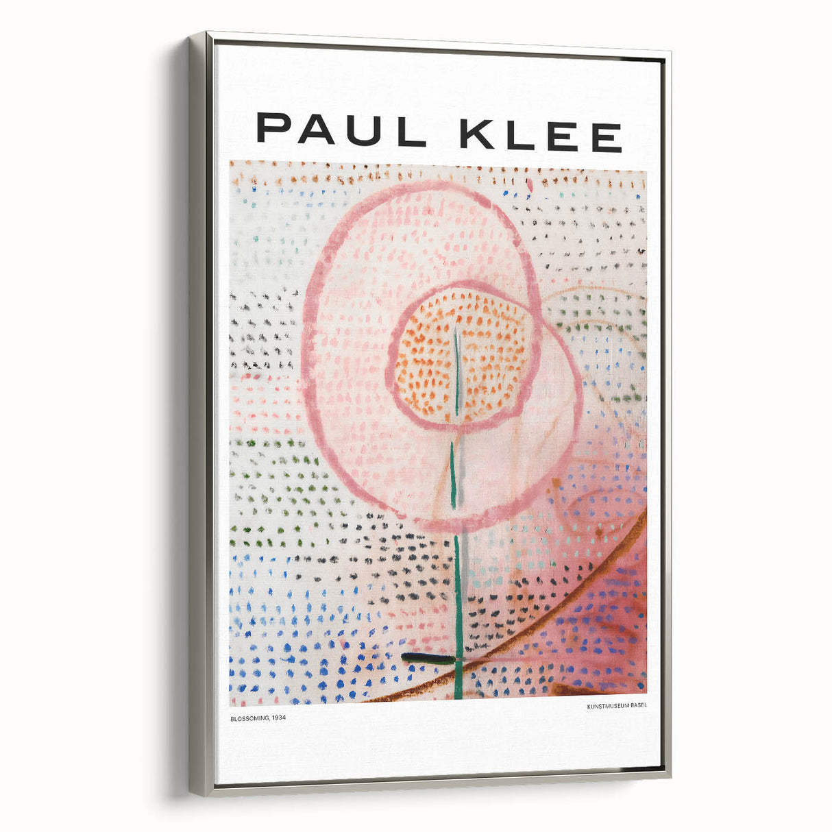 Framed canvas featuring a vintage Paul Klee landscape art painting with colorful abstract forms on a black background.