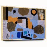 Large abstract wall art by Paul Klee in muted colors on acrylic glass, ideal for bedroom or dining room decor.