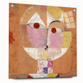 Acrylic glass print of a Paul Klee-inspired abstract design in muted colors, suitable for bedroom or dining room decor.