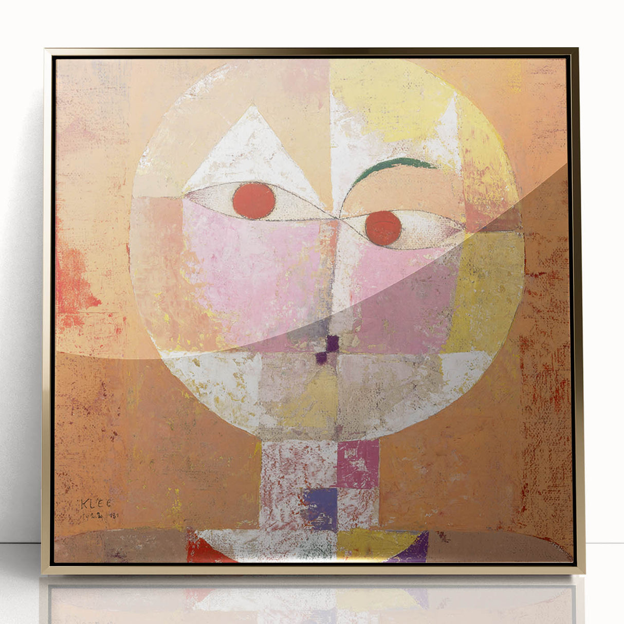 Mid-century modernist art by Paul Klee, featuring geometric shapes in muted tones on a framed acrylic print.