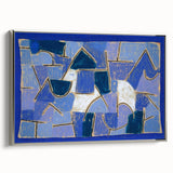 Framed canvas of a colorful, abstract landscape by Paul Klee, featuring black and vibrant hues.