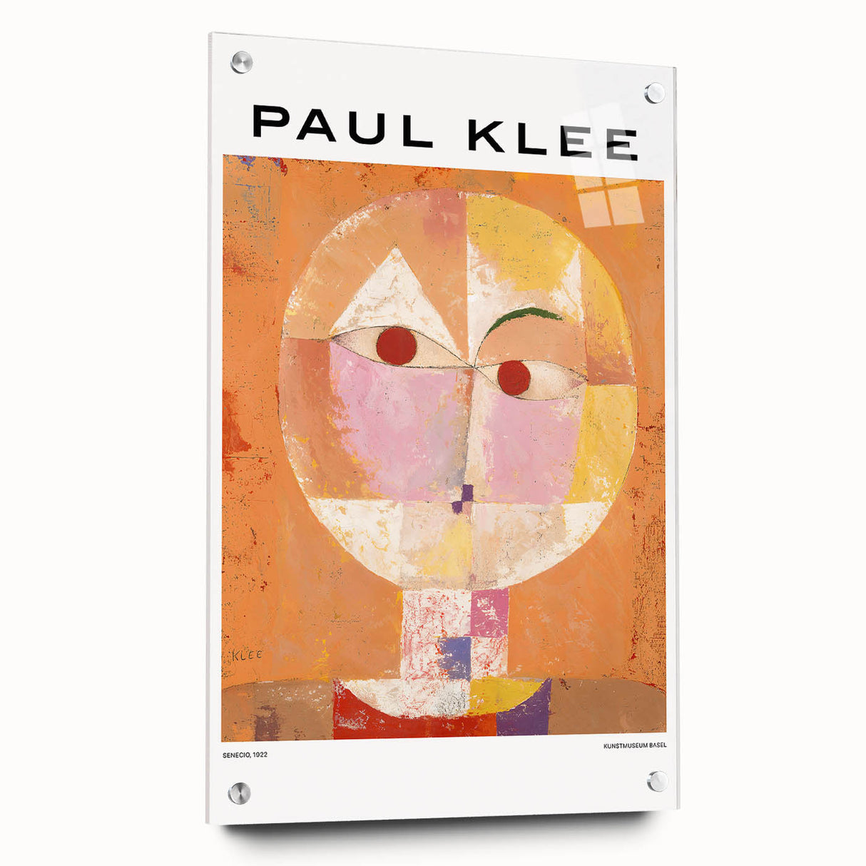 Paul Klee-inspired large abstract wall art on acrylic glass, featuring geometric shapes in muted colors.