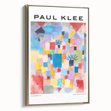 Framed canvas featuring a vintage-style Paul Klee landscape painting in muted gold and black, ideal for bedroom wall art.
