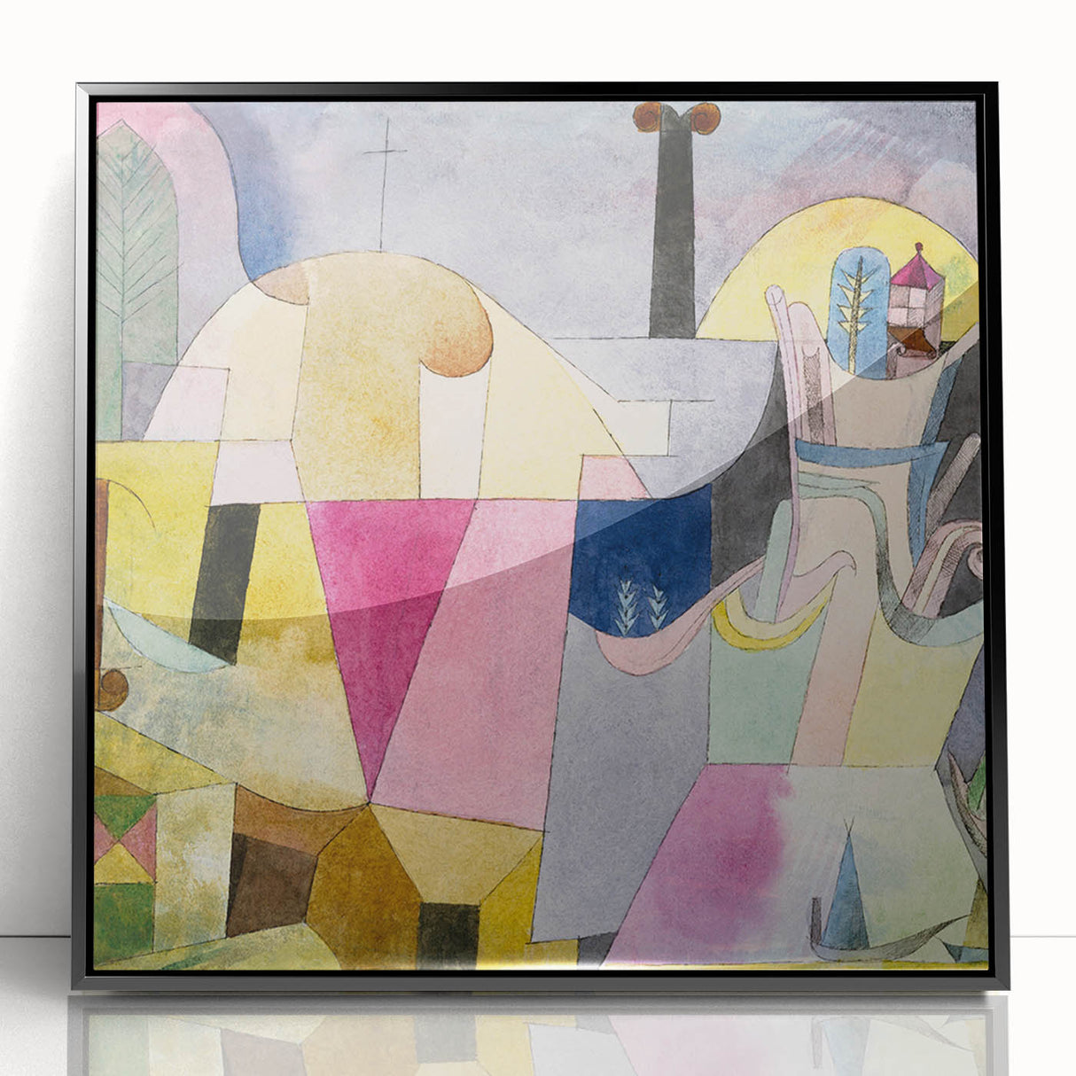 Framed acrylic print of large abstract wall art featuring mid-century modernist designs in muted earth tones.