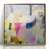 Mid-century modernist art by Paul Klee featuring geometric shapes in pastel hues on a large framed acrylic print.