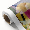 Art deco poster featuring geometric patterns in muted pastel shades on rolled canvas, suitable as nursery wall art.