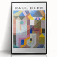 Large abstract wall art by Paul Klee, featuring geometric shapes in muted colors, framed in black acrylic.