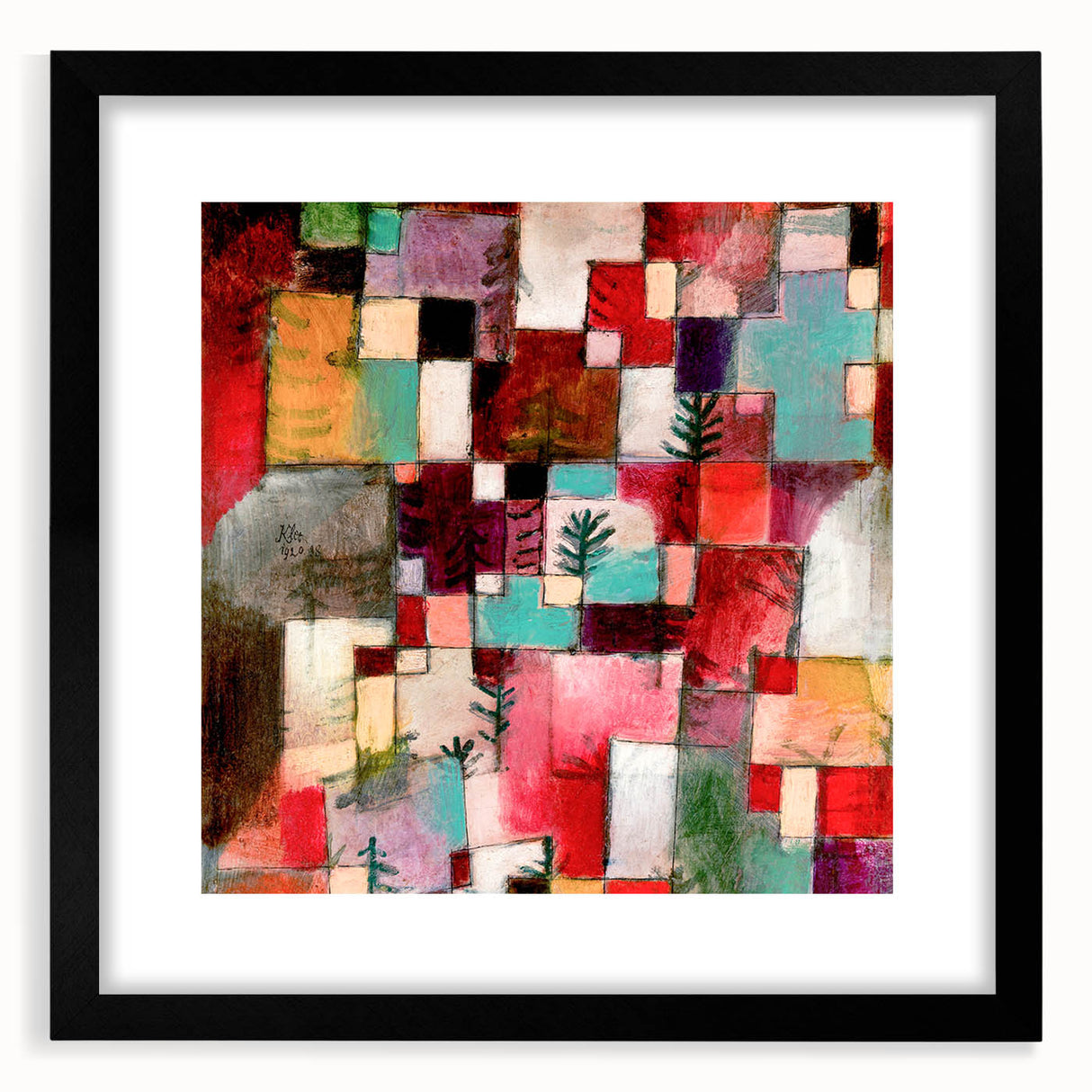 Extra large, textured abstract art print featuring colorful geometric shapes on a black framed canvas.