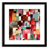Extra large, textured abstract art print featuring colorful geometric shapes on a black framed canvas.