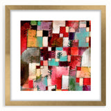 Extra large abstract art print featuring textured designs in muted earth tones, framed in gold, ideal for living room decor.