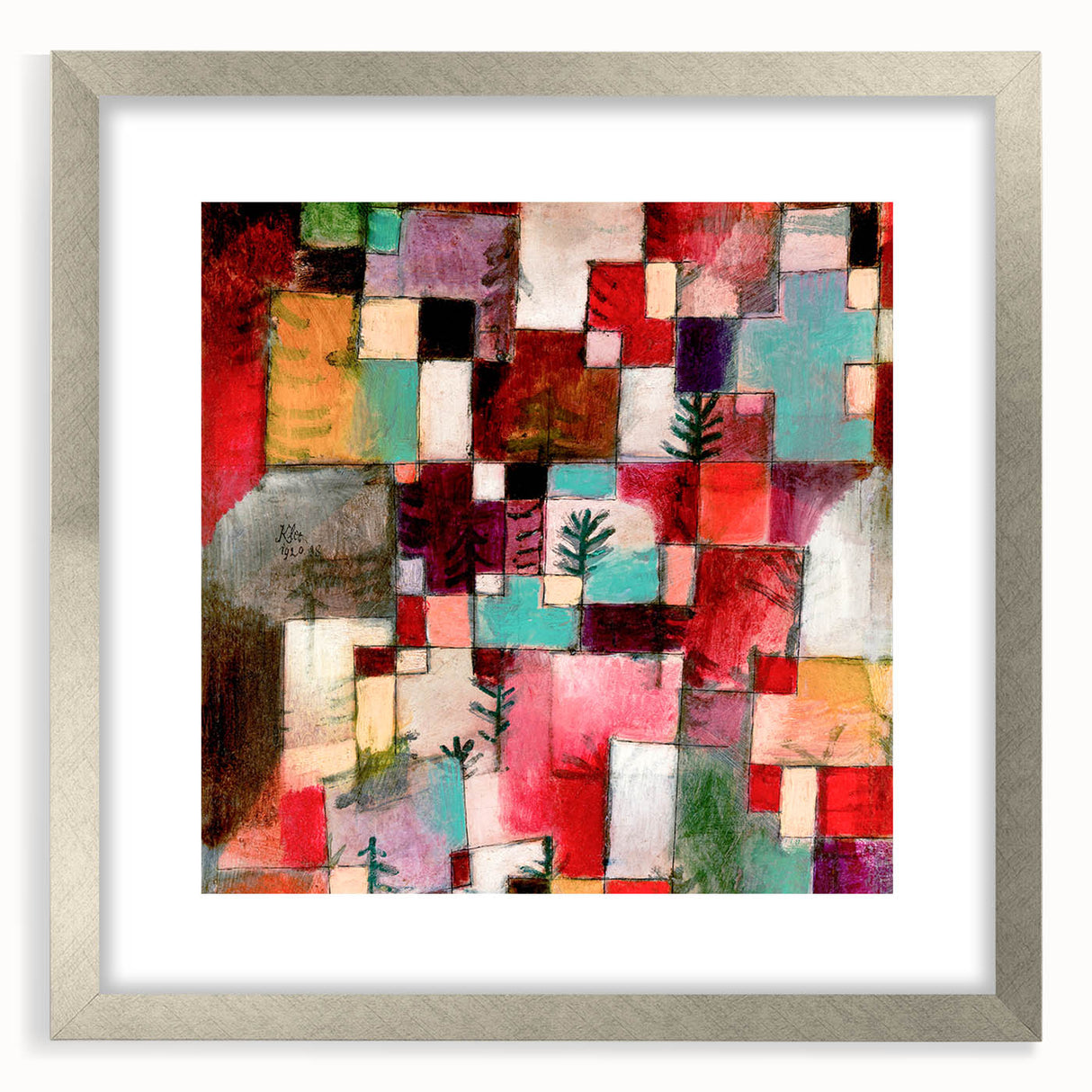 Textured abstract art print by Paul Klee in silver frame, featuring geometric shapes in earth tones, ideal for bedroom art.