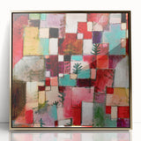 Large art print of a mid-century modernist Paul Klee design in muted colors on framed acrylic.