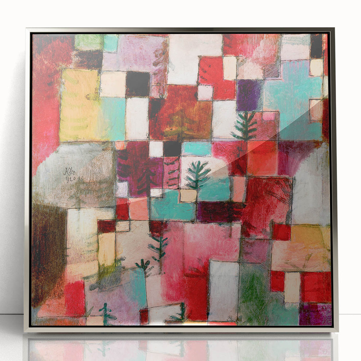 Mid-century modernist art by Paul Klee, featuring abstract shapes in muted colors on a framed acrylic.
