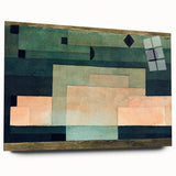 Large abstract wall art by Paul Klee in muted colors on acrylic glass, ideal for modern bedroom or dining room decor.