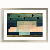 Textured abstract art print in a silver frame, featuring geometric shapes in earth tones, ideal for bedroom decor.