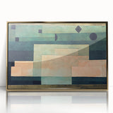 Mid-century modernist art by Paul Klee, featuring geometric shapes in muted colors on a large framed acrylic print.
