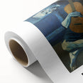 Art Deco poster featuring geometric shapes and muted gold and teal colors on rolled canvas, ideal for nursery wall art.