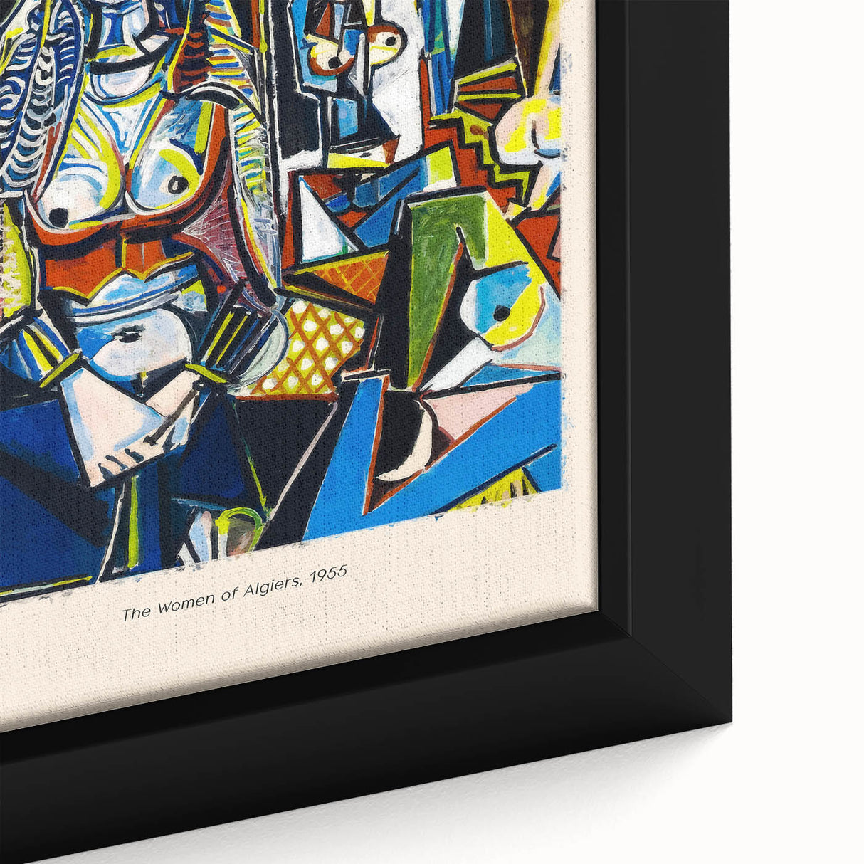 Extra large framed canvas featuring a close-up of Picasso-inspired black wall art with colorful, textured abstract design.