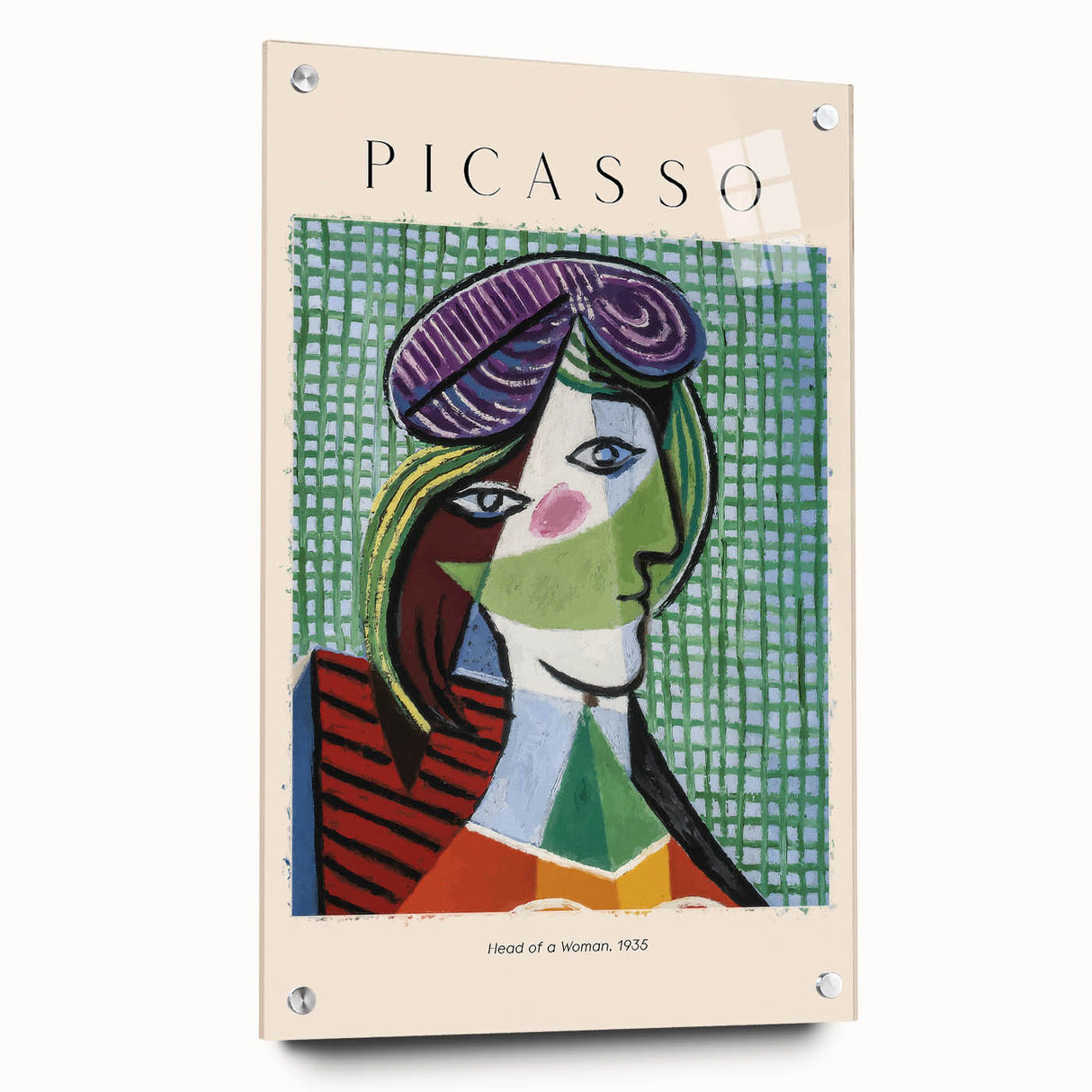 Large abstract wall art on acrylic glass featuring vibrant geometric shapes, ideal for modern dining room decor.