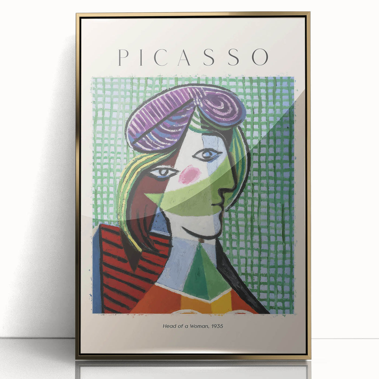 Mid-century modernist art print of abstract shapes in neutral tones on a gold-framed acrylic.