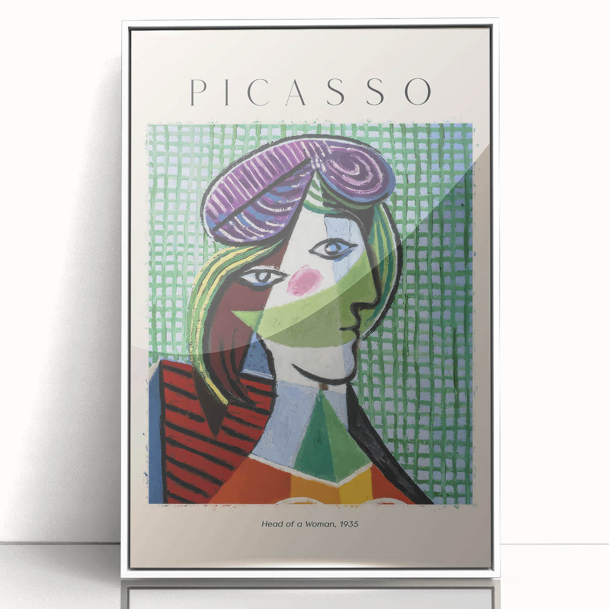 Acrylic print of a Picasso-inspired art deco poster in neutral and white tones, ideal for nursery wall art.