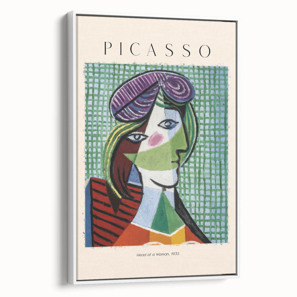 Framed canvas of vintage poster art featuring a colorful Picasso-inspired abstract design, ideal for living room decor.