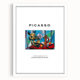 Abstract art print featuring geometric shapes in bold colors on a white framed canvas, suitable for dining room decor.