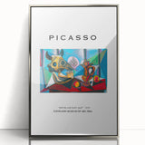 Mid-century modernist art featuring abstract forms in muted colors on a silver-framed acrylic, ideal for nursery wall art.