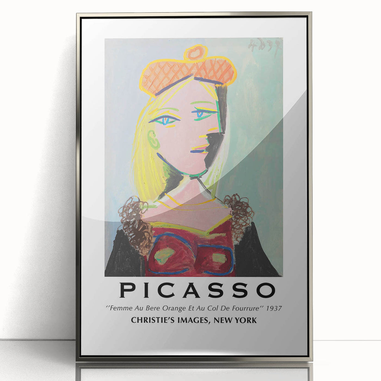 Mid-century modernist art featuring abstract shapes in muted earth tones on a silver-framed acrylic print.