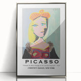 Mid-century modernist art featuring abstract shapes in muted earth tones on a silver-framed acrylic print.
