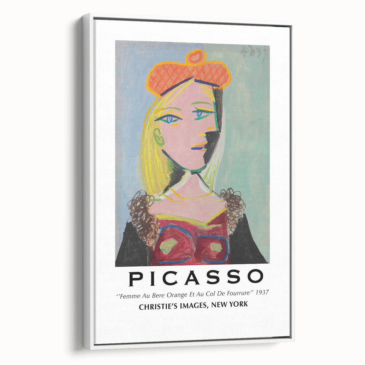 Vintage poster art featuring a Picasso-inspired abstract design in colorful tones on a large framed canvas.