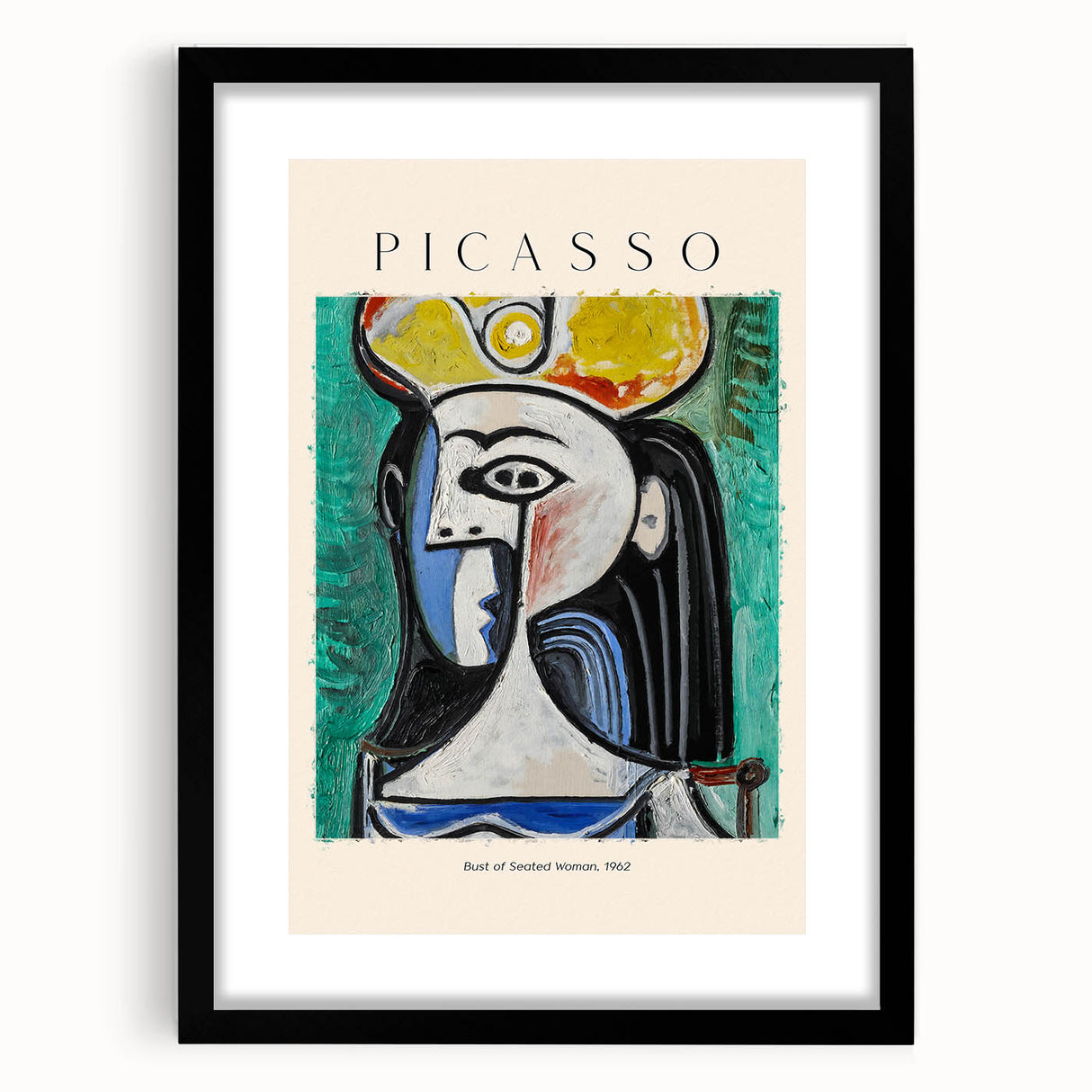 Extra large abstract art print featuring a colorful, textured depiction of cubist figures on a black framed canvas.